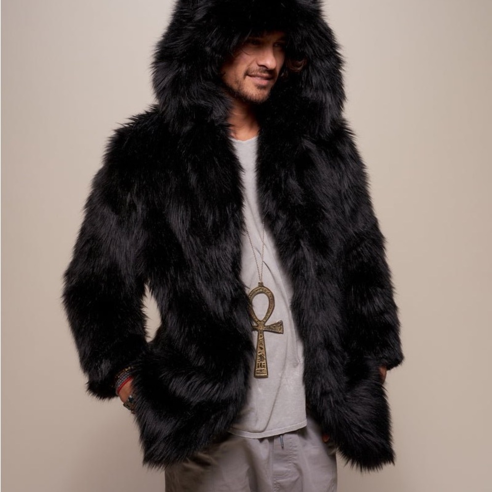 SpiritHoods Black Wolf Faux Fur Coat Hooded Ears Rare L - Picture 5 of 13